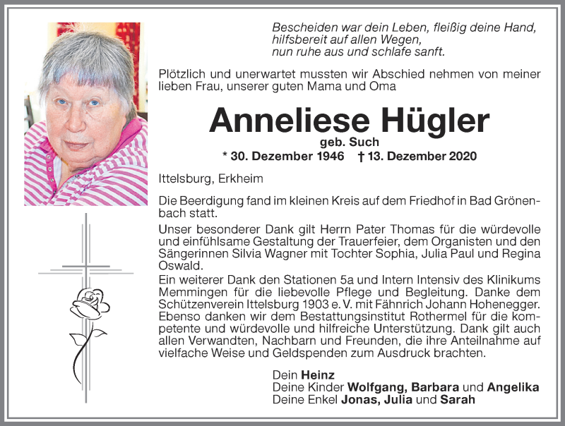  Traueranzeige für Anneliese Hügler vom 19.12.2020 aus Memminger Zeitung