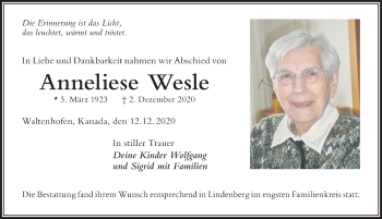 Traueranzeige von Anneliese Wesle von Allgäuer Zeitung,Kempten