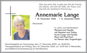 Traueranzeige von Annemarie Lange von Allgäuer Zeitung,Kempten