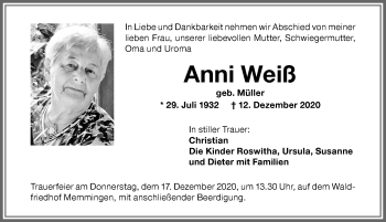 Traueranzeige von Anni Weiß von Memminger Zeitung