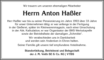 Traueranzeige von Anton Haßler von Allgäuer Anzeigeblatt