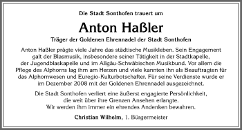 Traueranzeige von Anton Haßler von Allgäuer Anzeigeblatt