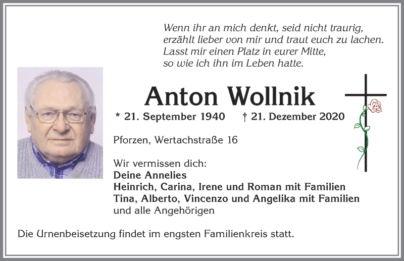  Traueranzeige für Anton Wollnik vom 28.12.2020 aus Allgäuer Zeitung, Kaufbeuren/Buchloe