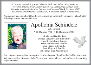 Traueranzeige von Apollonia Schindele von Allgäuer Zeitung, Marktoberdorf
