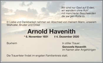 Traueranzeige von Arnold Havenith von Memminger Zeitung