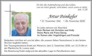 Traueranzeige von Artur Peinkofer von Allgäuer Zeitung,Kempten