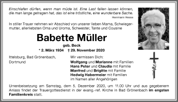 Traueranzeige von Babette Müller von Memminger Zeitung