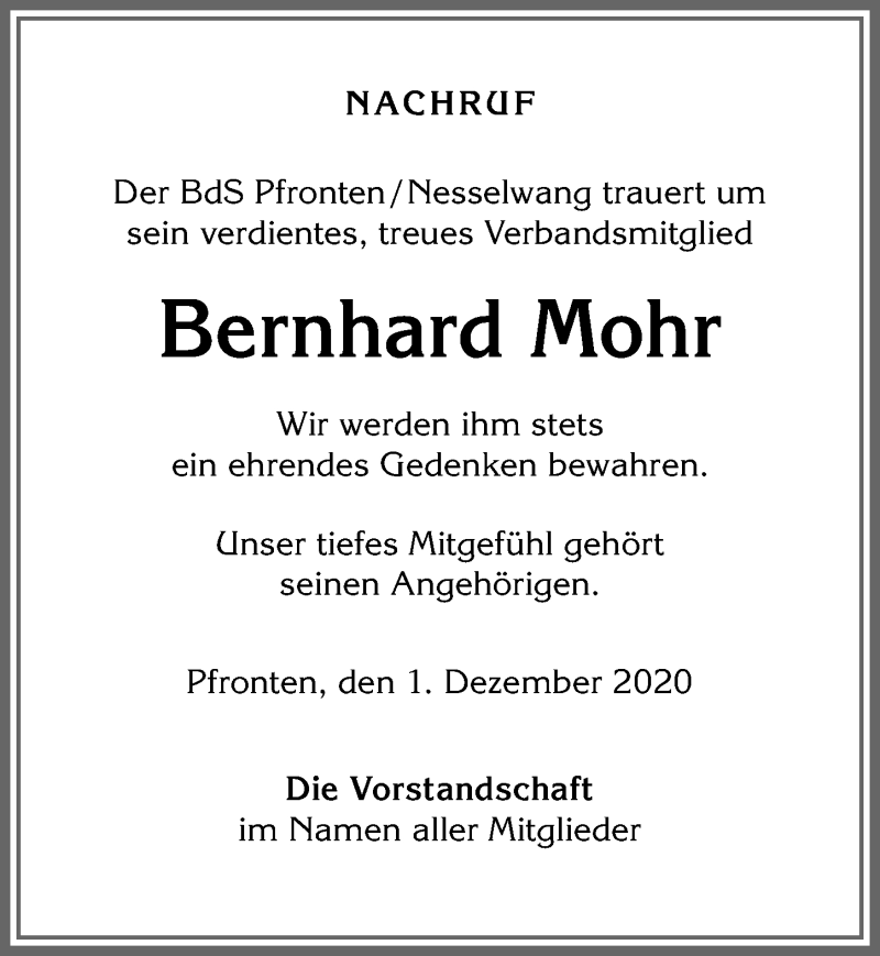  Traueranzeige für Bernhard Mohr vom 01.12.2020 aus Allgäuer Zeitung, Füssen