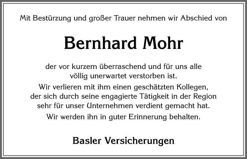  Traueranzeige für Bernhard Mohr vom 01.12.2020 aus Allgäuer Zeitung, Füssen