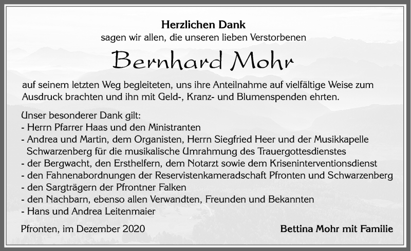  Traueranzeige für Bernhard Mohr vom 19.12.2020 aus Allgäuer Zeitung