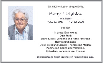 Traueranzeige von Betty Lichtblau von Allgäuer Zeitung, Füssen