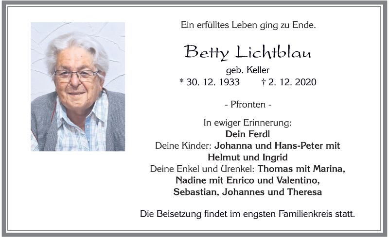  Traueranzeige für Betty Lichtblau vom 15.12.2020 aus Allgäuer Zeitung, Füssen