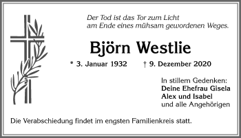 Traueranzeige von Björn Westlie von Allgäuer Zeitung, Kaufbeuren/Buchloe