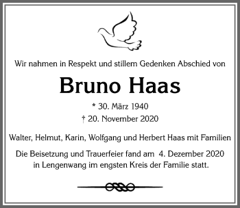 Traueranzeige von Bruno Haas von Allgäuer Zeitung, Marktoberdorf
