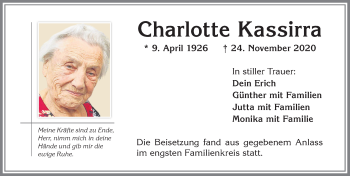 Traueranzeige von Charlotte Kassirra von Memminger Zeitung