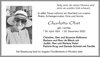 Traueranzeige von Charlotte Obst von Allgäuer Zeitung, Füssen