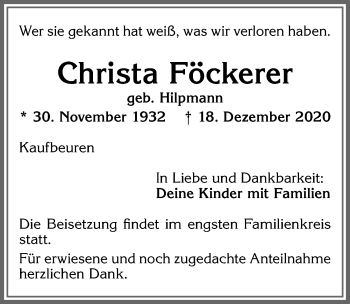 Traueranzeige von Christa Föckerer von Allgäuer Zeitung, Kaufbeuren/Buchloe