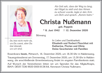 Traueranzeige von Christa Nußmann von Allgäuer Zeitung,Kempten
