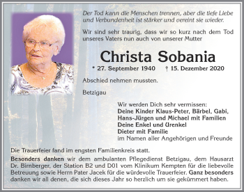 Traueranzeige von Christa Sobania von Allgäuer Zeitung,Kempten