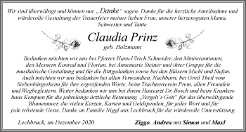 Traueranzeige von Claudia Prinz von Allgäuer Zeitung, Füssen