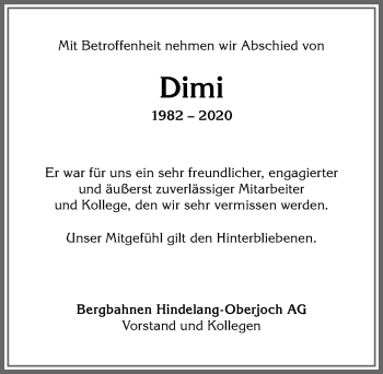 Traueranzeige von Dimitri Huhn von Allgäuer Anzeigeblatt