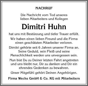 Traueranzeige von Dimitri Huhn von Allgäuer Anzeigeblatt
