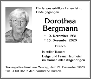 Traueranzeige von Dorothea Bergmann von Allgäuer Zeitung,Kempten