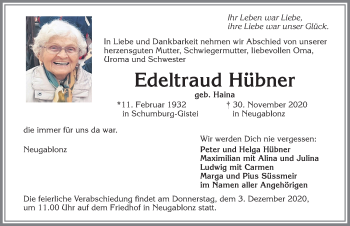 Traueranzeige von Edeltraud Hübner von Allgäuer Zeitung, Kaufbeuren/Buchloe