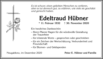 Traueranzeige von Edeltraud Hübner von Allgäuer Zeitung, Kaufbeuren/Buchloe