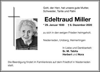 Traueranzeige von Edeltraud Miller von Memminger Zeitung