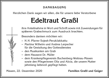 Traueranzeige von Edeltraut Graßl von Allgäuer Anzeigeblatt