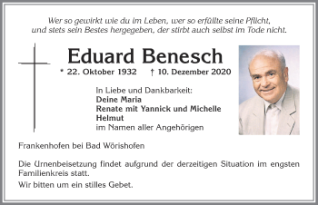 Traueranzeige von Eduard Benesch von Allgäuer Zeitung