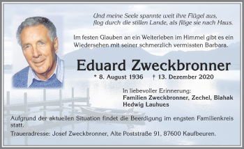Traueranzeige von Eduard Zweckbronner von Allgäuer Zeitung