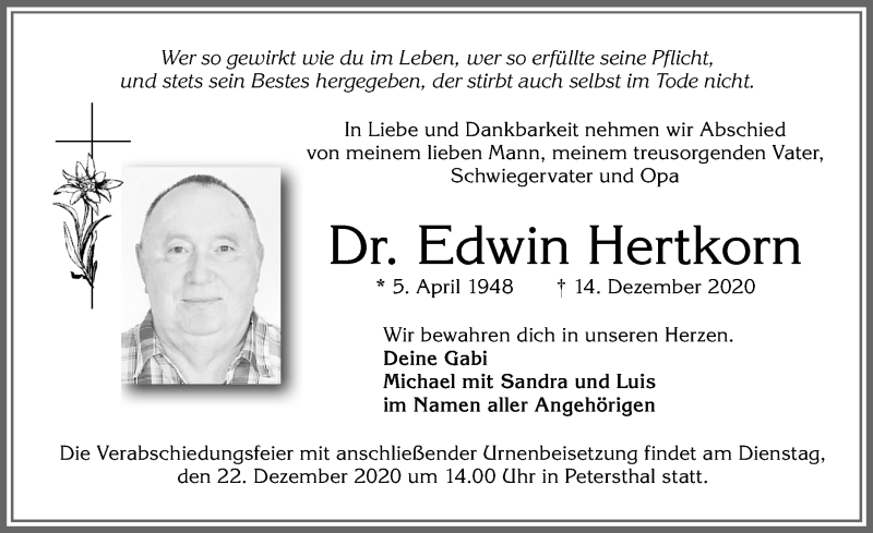  Traueranzeige für Edwin Hertkorn vom 19.12.2020 aus Allgäuer Zeitung,Kempten