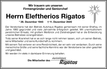 Traueranzeige von Eleftherios Rigatos von Memminger Zeitung