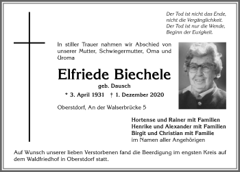 Traueranzeige von Elfriede Biechele von Allgäuer Anzeigeblatt