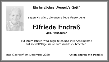 Traueranzeige von Elfriede Endraß von Allgäuer Anzeigeblatt