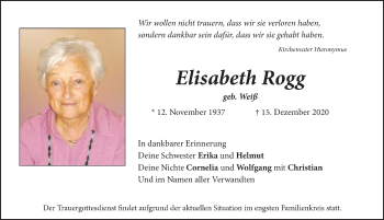 Traueranzeige von Elisabeth Rogg von Allgäuer Zeitung, Marktoberdorf