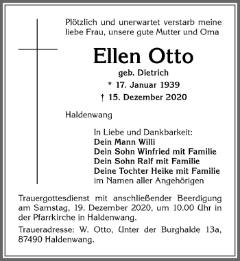 Traueranzeige von Ellen Otto von Allgäuer Zeitung,Kempten
