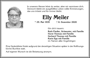 Traueranzeige von Elly Meiler von Allgäuer Zeitung, Kaufbeuren/Buchloe