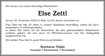 Traueranzeige von Else Zettl von Allgäuer Zeitung,Kempten