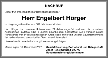 Traueranzeige von Engelbert Hörger von Memminger Zeitung