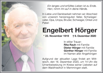 Traueranzeige von Engelbert Hörger von Memminger Zeitung