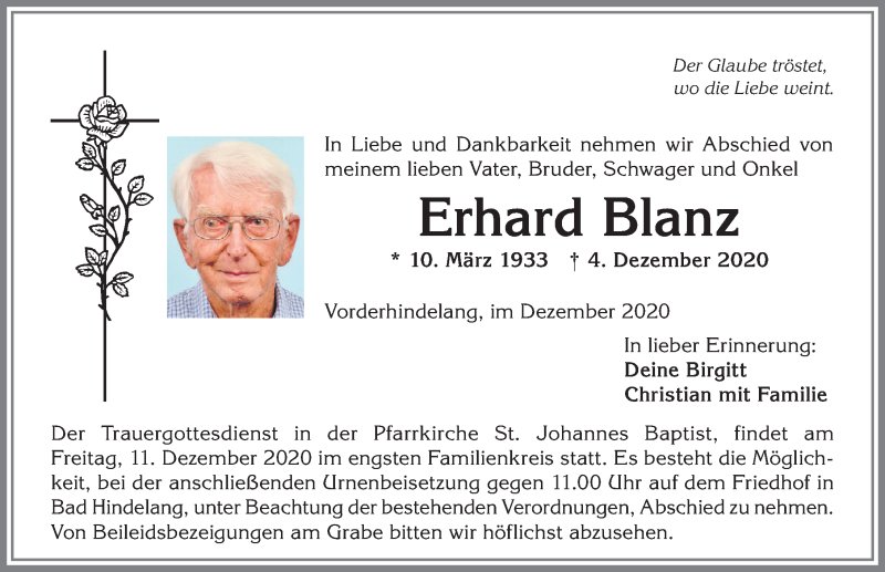  Traueranzeige für Erhard Blanz vom 09.12.2020 aus Allgäuer Anzeigeblatt