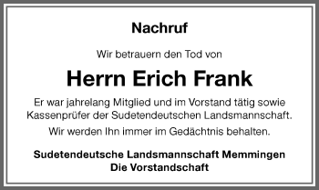 Traueranzeige von Erich Frank von Memminger Zeitung