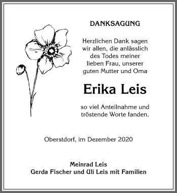 Traueranzeige von Erika Leis von Allgäuer Anzeigeblatt