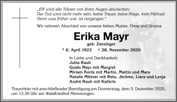 Traueranzeige von Erika Mayr von Memminger Zeitung