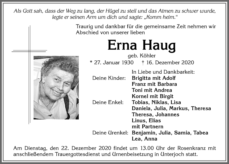  Traueranzeige für Erna Haug vom 19.12.2020 aus Allgäuer Anzeigeblatt