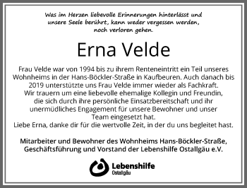 Traueranzeige von Erna Velde von Allgäuer Zeitung, Kaufbeuren/Buchloe