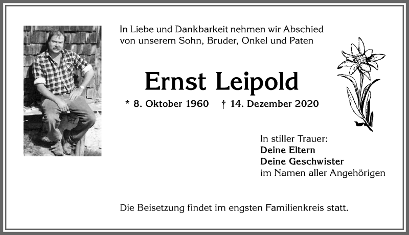  Traueranzeige für Ernst Leipold vom 19.12.2020 aus Allgäuer Anzeigeblatt